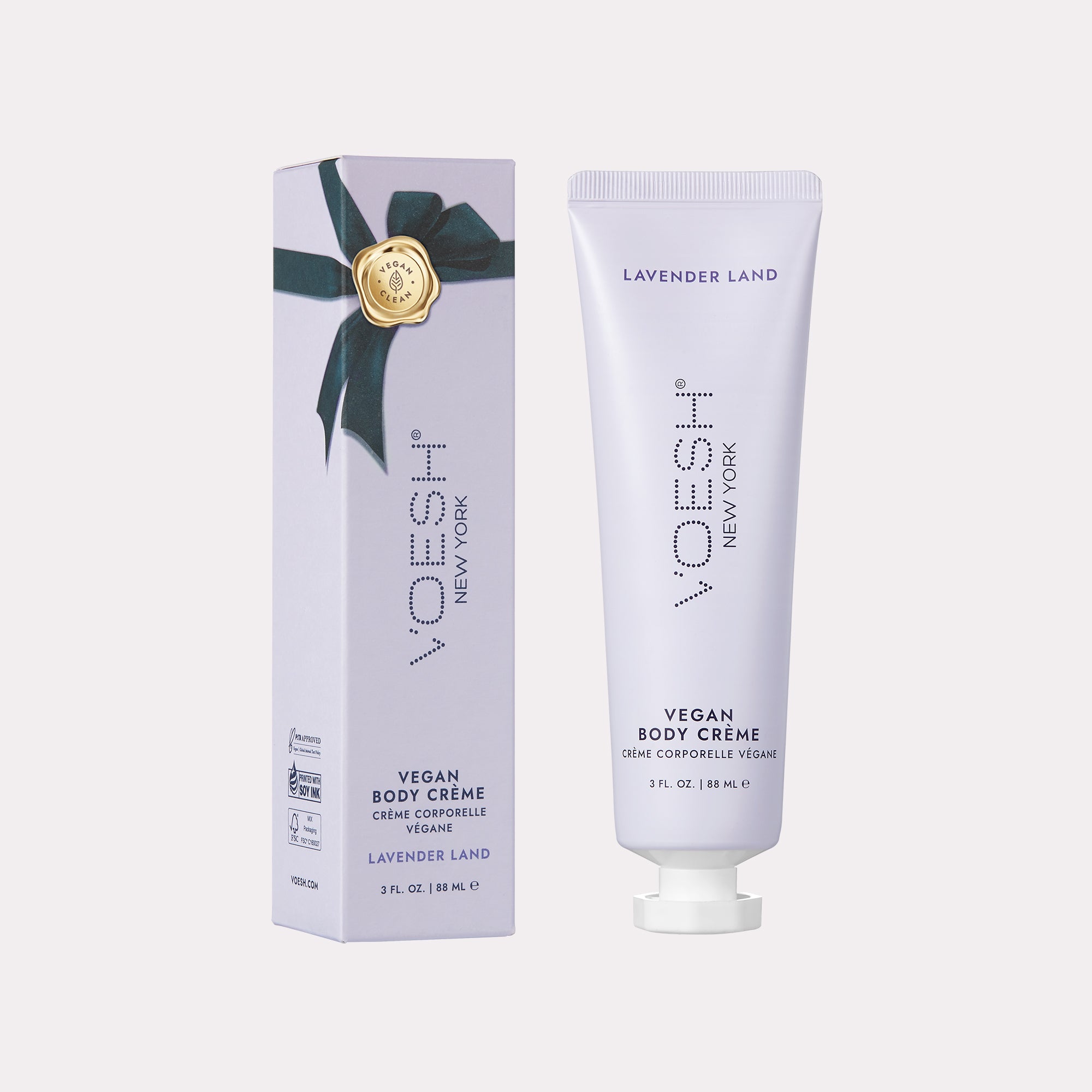 Vegan Body Crème Lavender Land next to box packaging on a white background.